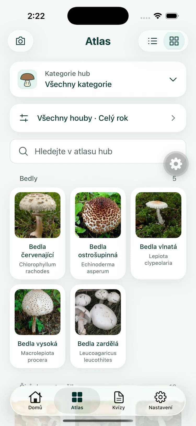 Český atlas hub v aplikaci s fotografiemi a vyhledáváním